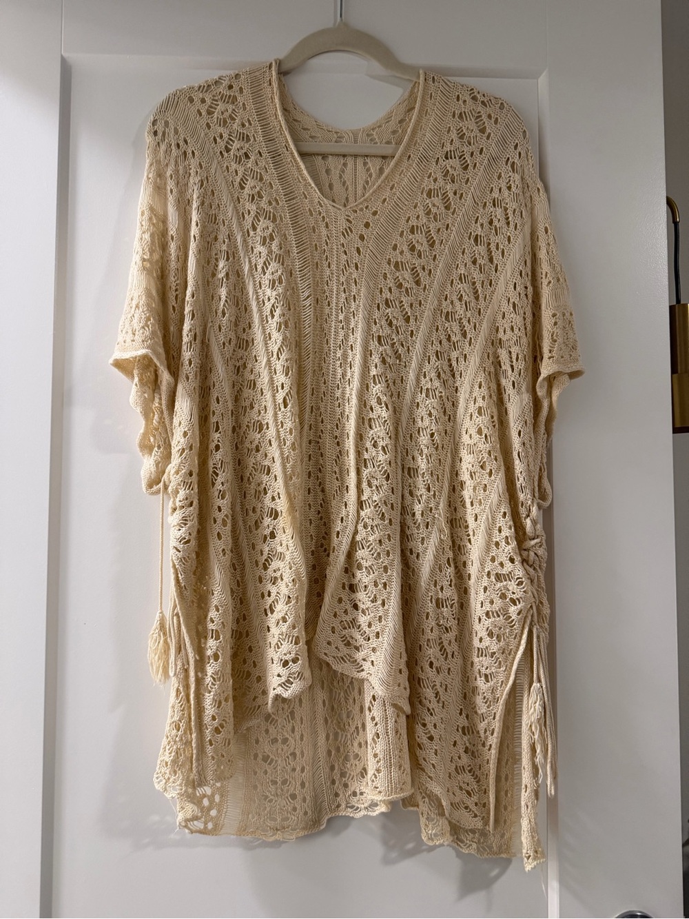 Cream Crochet Knit Poncho beach cover up